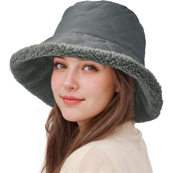 Women\'s Fuzzy Bucket Hat Wide Brim Faux Fur Winter Warm Hat, Gray main image 4